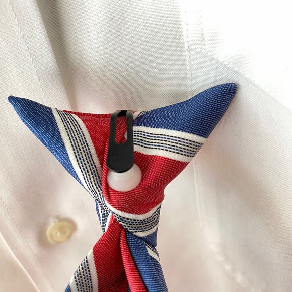 Clip on Satin Necktie. Junior's. Navy Blue White and Red. - Picture 3 of 9